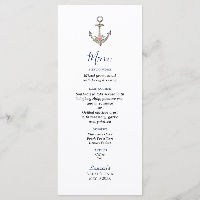 Watercolor Anchor Nautical  Bridal shower menu  (Front)