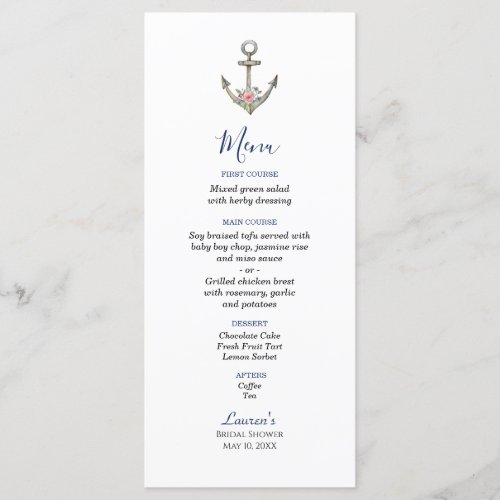 Watercolor Anchor Nautical  Bridal shower menu 