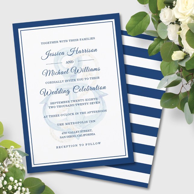 Watercolor Anchor Nautical Navy Classic Wedding Invitation (Creator Uploaded)