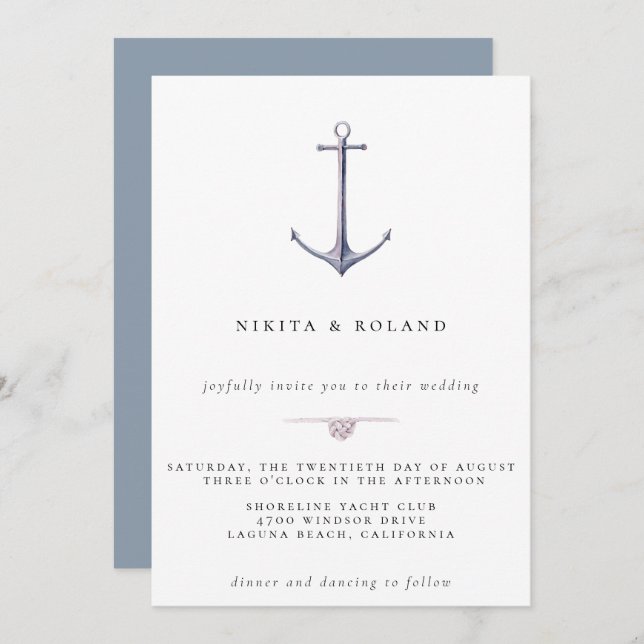Watercolor Anchor Nautical Wedding Invitation (Front/Back)