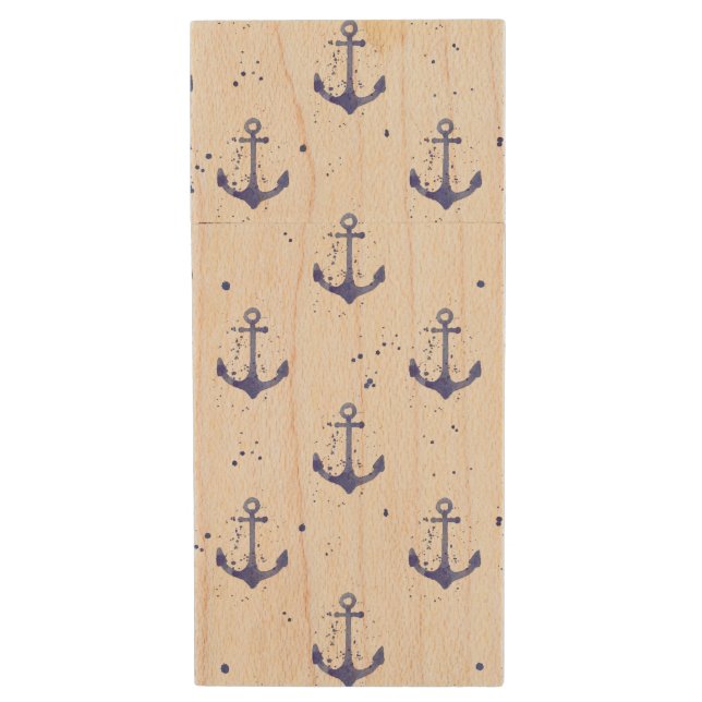 Watercolor Anchor Pattern 2 Wood USB Flash Drive (Front Vertical)