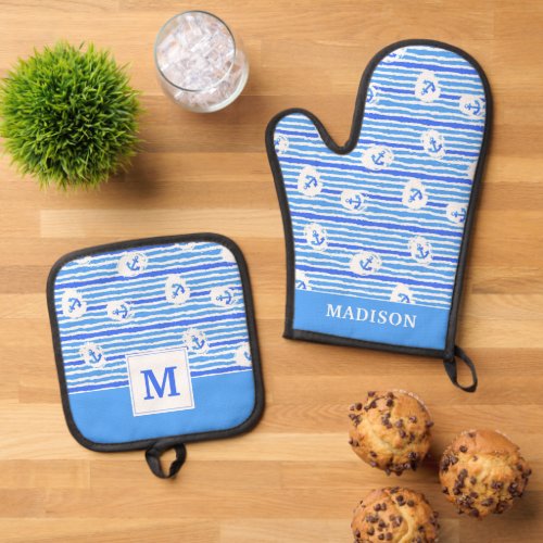 Watercolor Anchor Pattern  Add Your Initial Oven Mitt  Pot Holder Set
