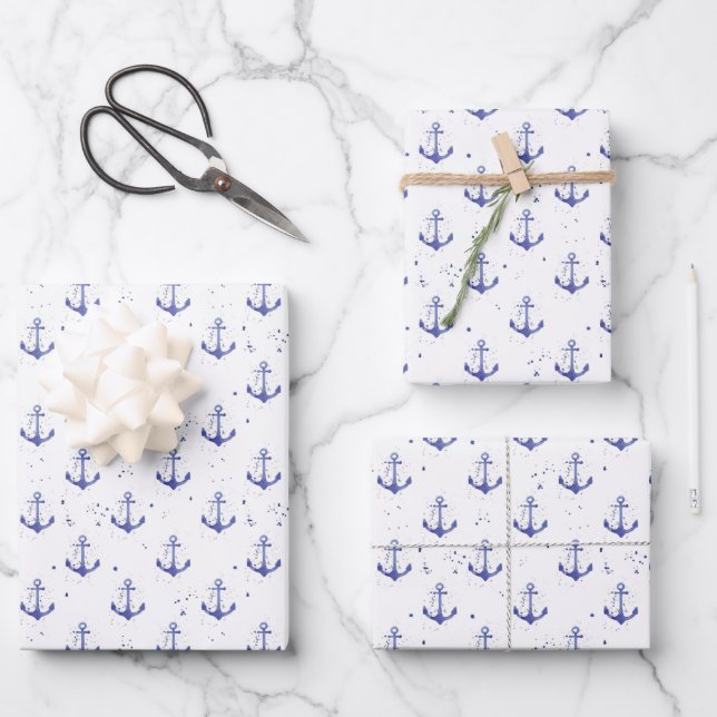 Watercolor Anchor Pattern Wrapping Paper Sheets (Front)