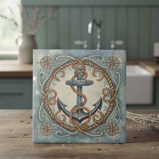 Watercolor Anchor, Rope & Compass Rose ID1203 Ceramic Tile (Creator Uploaded)