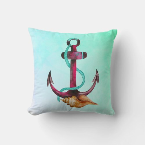 Watercolor Anchor With Seashell in Pink  Green Throw Pillow