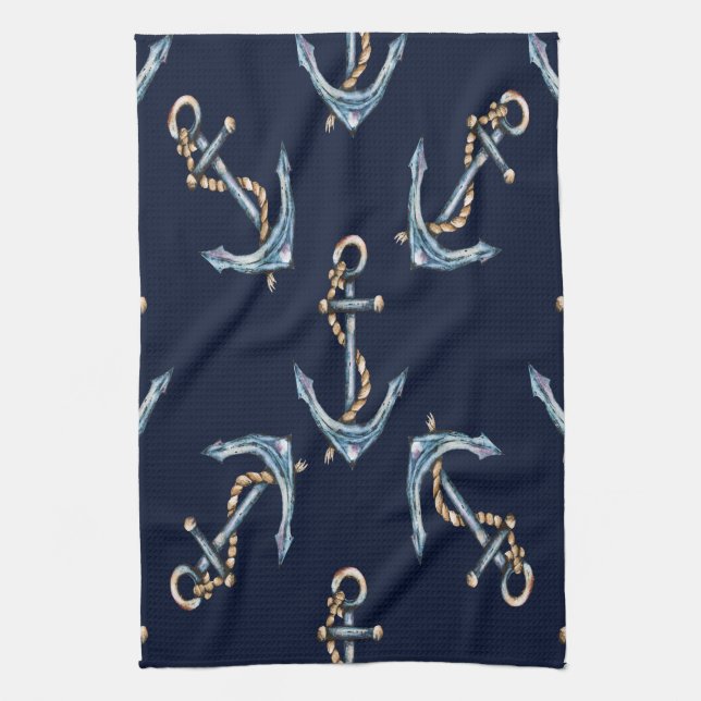 Watercolor Anchors Navy Blue   Kitchen Towel (Vertical)