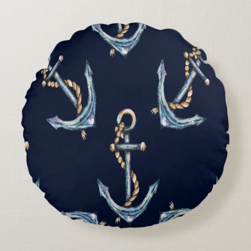 Watercolor Anchors Navy Blue Round Pillow