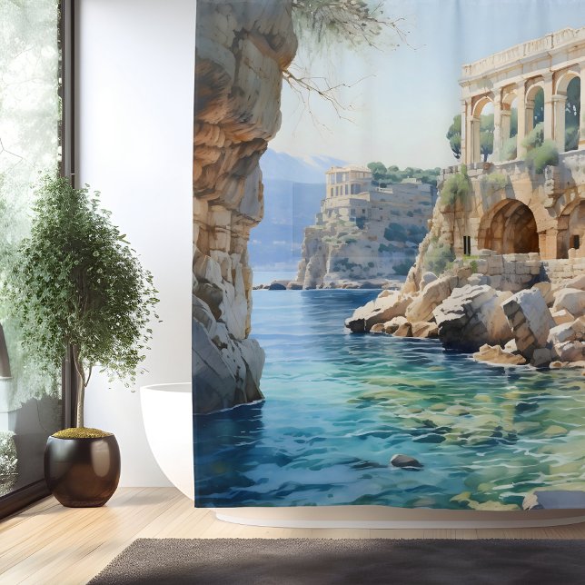 Watercolor Ancient Greek Coastal Ruins Shower Curtain (Creator Uploaded)
