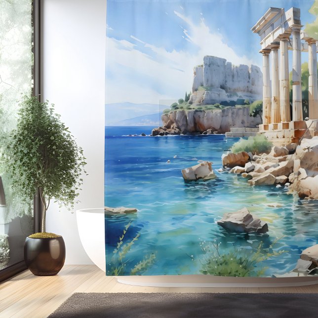 Watercolor Ancient Greek Coastal Ruins Shower Curtain (Creator Uploaded)