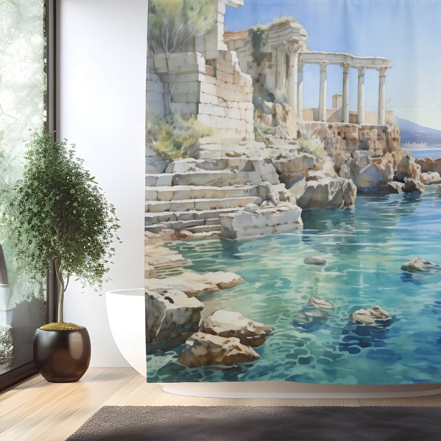 Watercolor Ancient Greek Coastal Ruins Shower Curtain (Creator Uploaded)