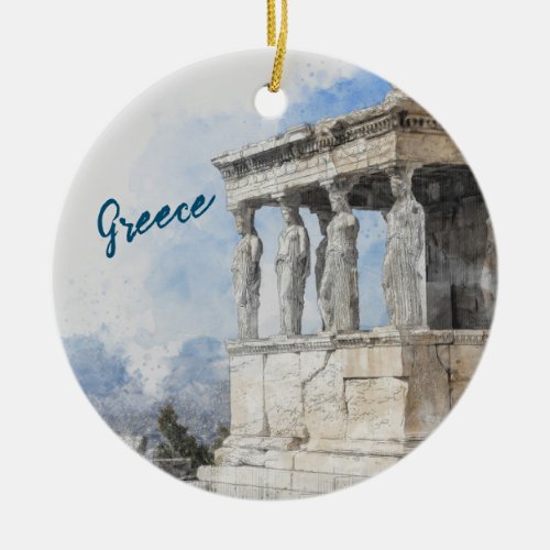 Watercolor Ancient Sites ruins in Athens Greece Ceramic Ornament