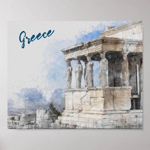 Watercolor Ancient Sites ruins in Athens Greece  Poster