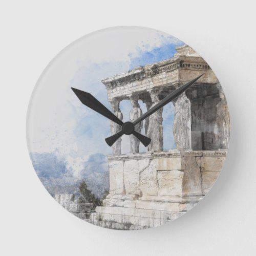 Watercolor Ancient Sites ruins in Athens Greece Round Clock