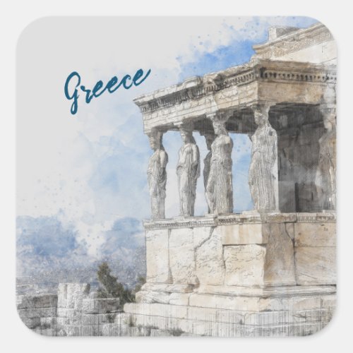 Watercolor Ancient Sites ruins in Athens Greece Square Sticker