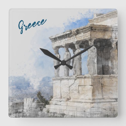 Watercolor Ancient Sites ruins in Athens Greece  Square Wall Clock