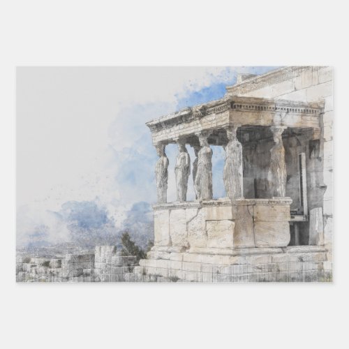 Watercolor Ancient Sites ruins in Athens Greece  Wrapping Paper Sheets