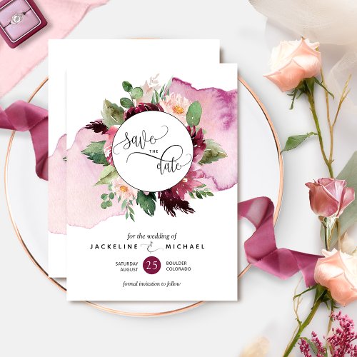 Watercolor and Berry and Blush Floral Wedding  Save The Date