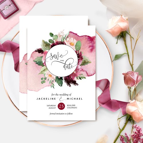 Watercolor and Burgundy and Blush Floral Wedding Save The Date