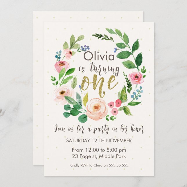Watercolor And Calligraphy 1st Birthday Invitation (Front/Back)