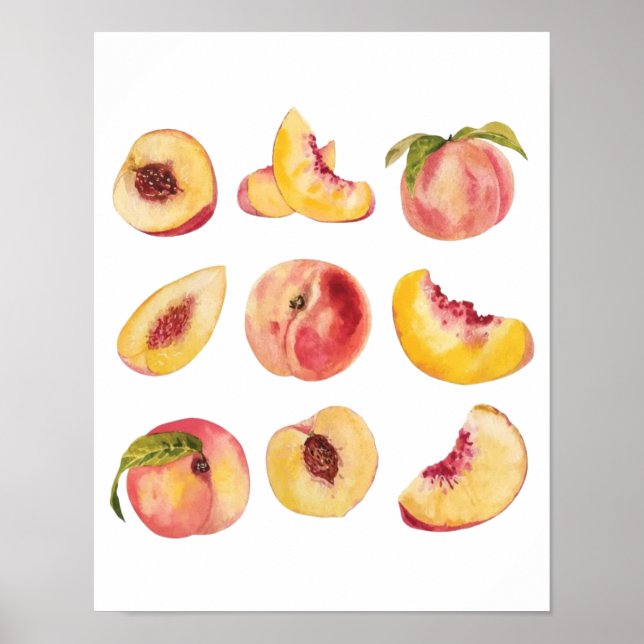  Watercolor And Colorful Fresh Peach Slices, Poster (Front)