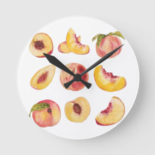 Watercolor And Colorful Fresh Peach Slices, Round Clock
