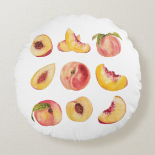 Watercolor And Colorful Fresh Peach Slices, Round Pillow