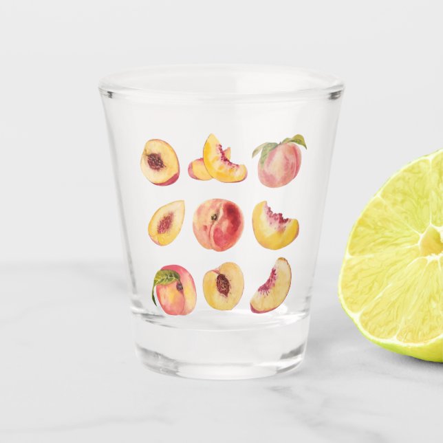  Watercolor And Colorful Fresh Peach Slices, Shot Glass (Front)