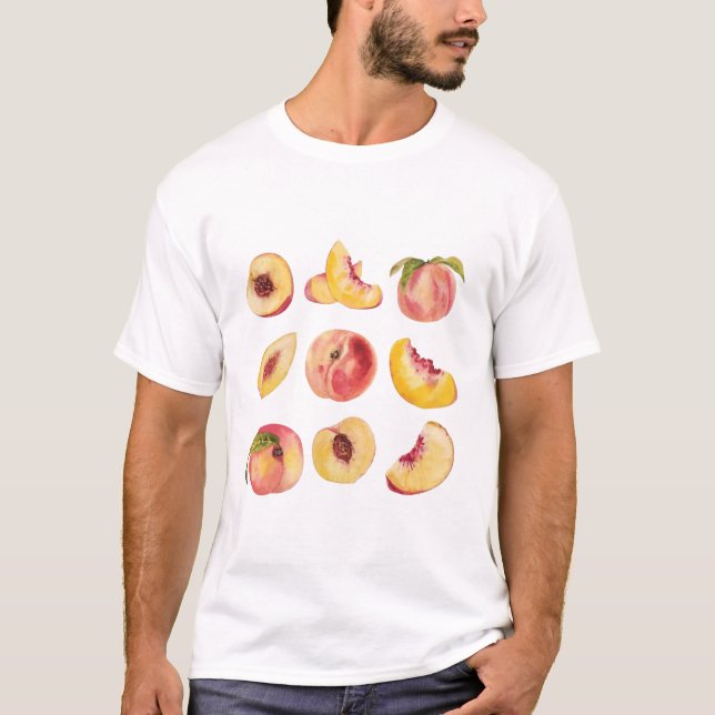  Watercolor And Colorful Fresh Peach Slices, T-Shirt (Front)