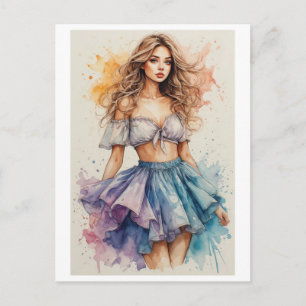 Watercolor and Colorful Young Lady Design on a Holiday Postcard