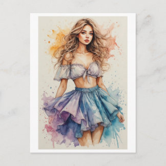 Watercolor and Colorful Young Lady Design on a Holiday Postcard