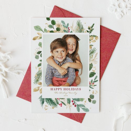 Watercolor and Faux Foil Winter Greenery Photo Holiday Card