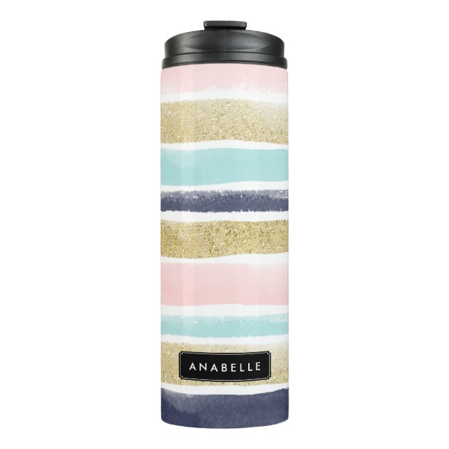 Watercolor and Faux Glitter Stripes Thermal Tumbler (Front)