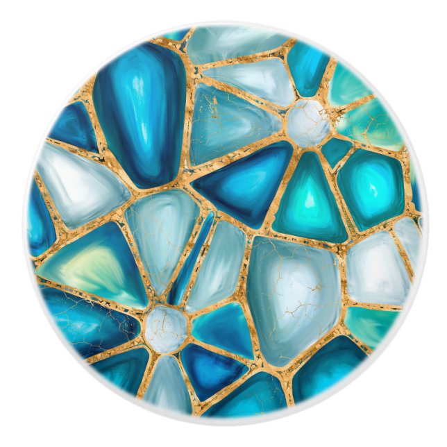 Watercolor and gold cells - ocean ceramic knob (Front)