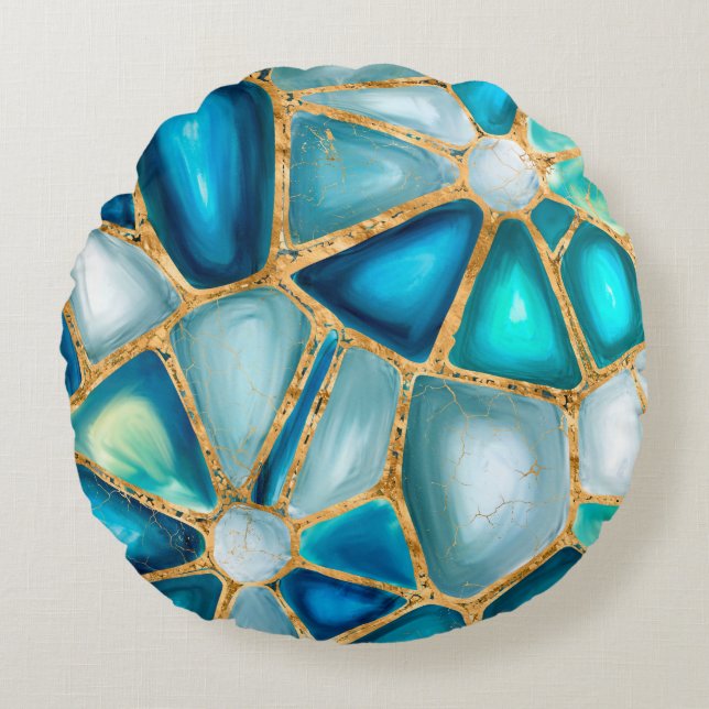 Watercolor and gold cells - ocean round pillow (Front)