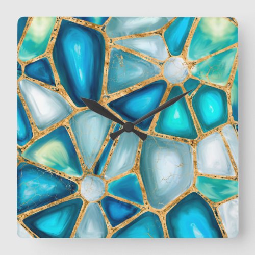 Watercolor and gold cells _ ocean square wall clock