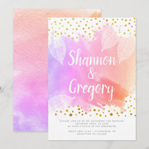 Watercolor and gold confetti typography wedding invitation