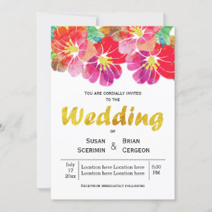 Watercolor and gold leaf floral summer wedding invitation