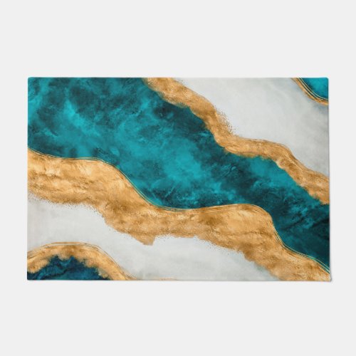 Watercolor and gold Turquoise Wave Abstract Doormat