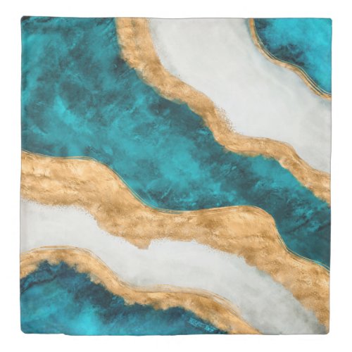Watercolor and gold Turquoise Wave Abstract Duvet Cover