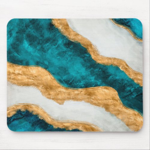 Watercolor and gold Turquoise Wave Abstract Mouse Pad