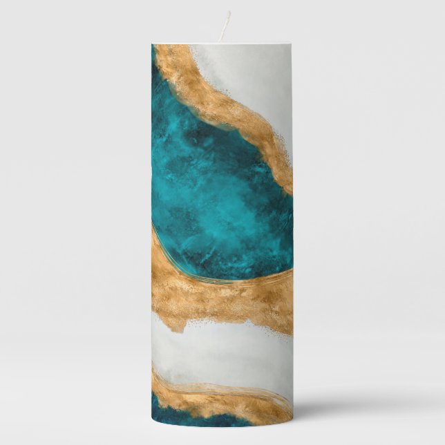 Watercolor and gold Turquoise Wave Abstract Pillar Candle (Front)