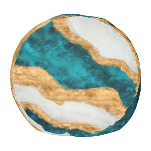 Watercolor and gold Turquoise Wave Abstract Pouf