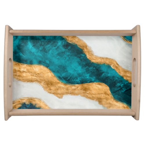 Watercolor and gold Turquoise Wave Abstract Serving Tray