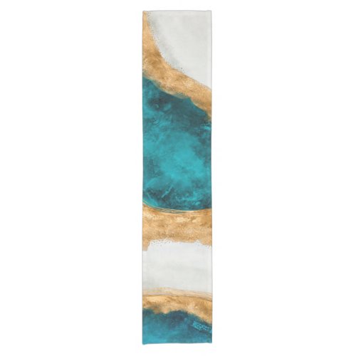 Watercolor and gold Turquoise Wave Abstract Short Table Runner