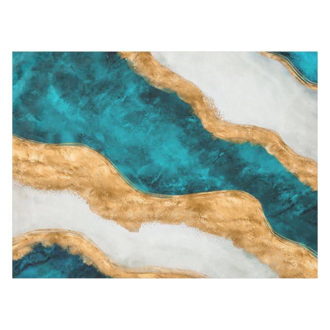 Watercolor and gold Turquoise Wave Abstract Tablecloth (Front (Horizontal))