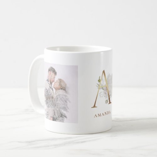 Watercolor and Gold  Two Photo Letter A Monogram Coffee Mug