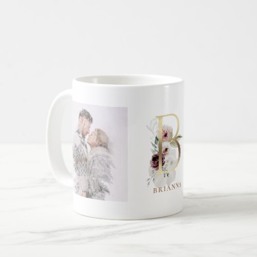 Watercolor and Gold  Two Photo Letter B Monogram Coffee Mug