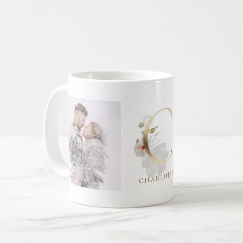 Watercolor and Gold  Two Photo Letter C Monogram Coffee Mug