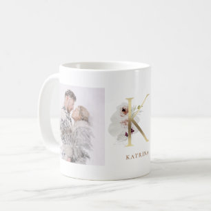 Watercolor and Gold Two Photo Letter K Monogram Coffee Mug
