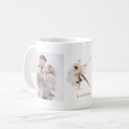 Watercolor and Gold  Two Photo Letter K Monogram Coffee Mug
